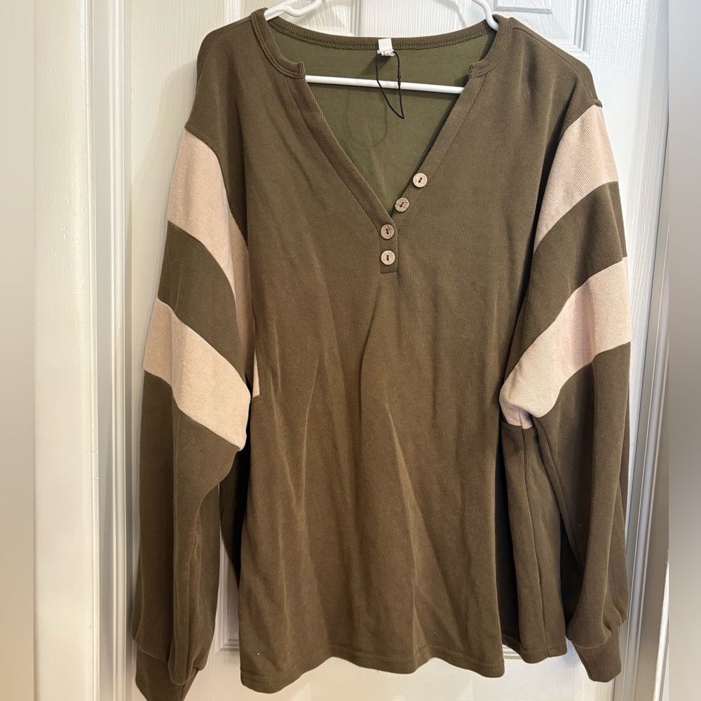 Olive Green and Cream Women's V-Neck Top